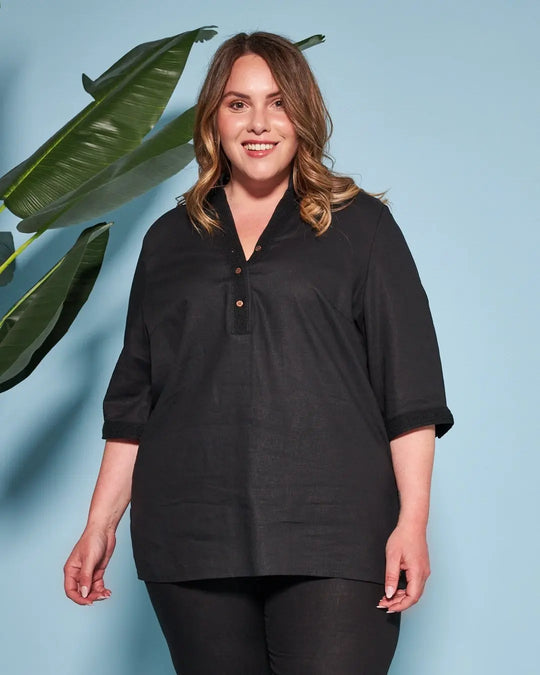 Blusa coreana in misto lino/viscosa con passamaneria NERO DORABELLA PIU'