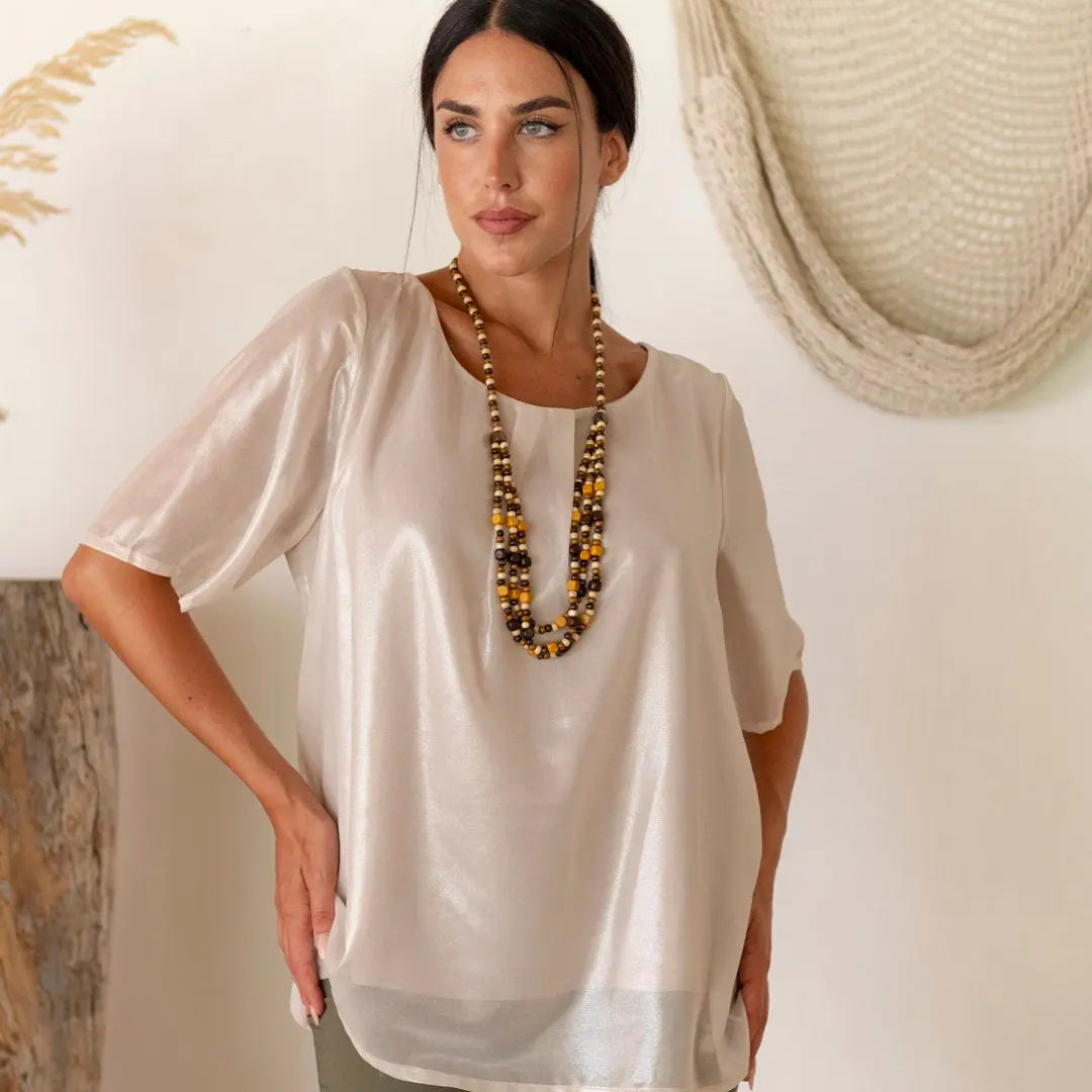 Blusa fantasia geometrica girocollo con arriccio BEIGE DORABELLA XXL