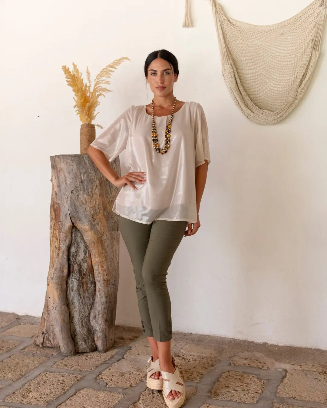 Blusa fantasia geometrica girocollo con arriccio BEIGE DORABELLA