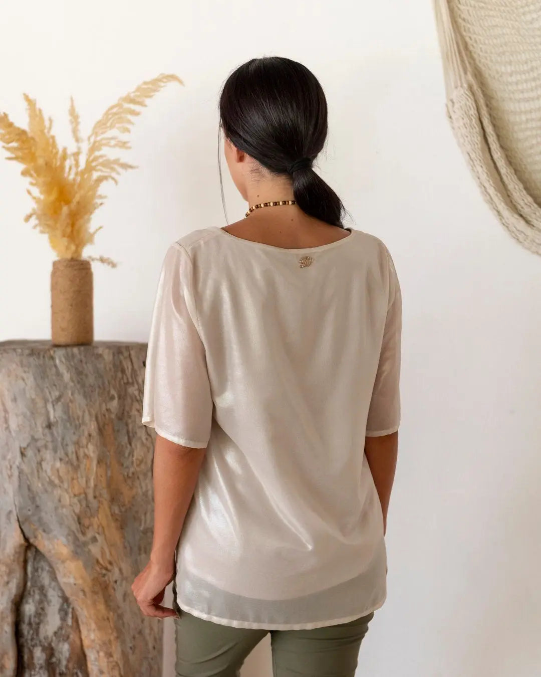 Blusa fantasia geometrica girocollo con arriccio BEIGE DORABELLA