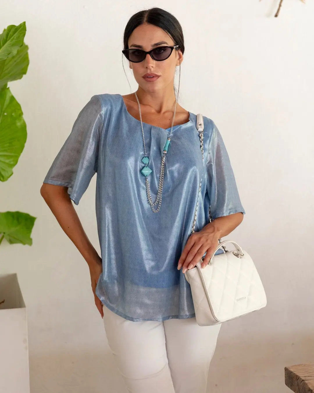 Blusa fantasia geometrica girocollo con arriccio CELESTE DORABELLA XXL