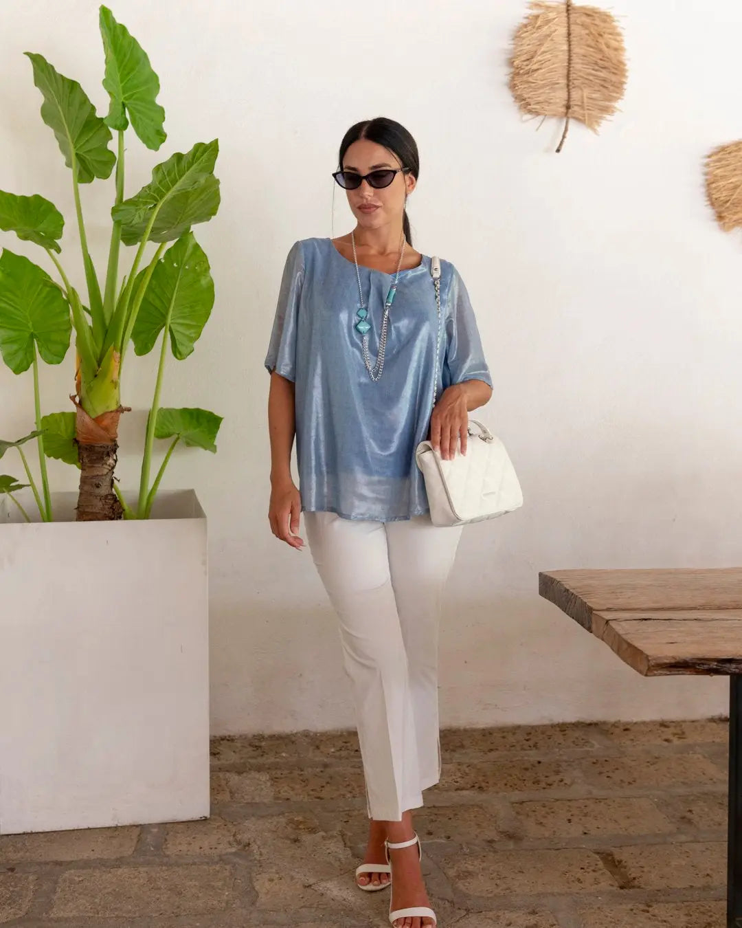 Blusa fantasia geometrica girocollo con arriccio CELESTE DORABELLA