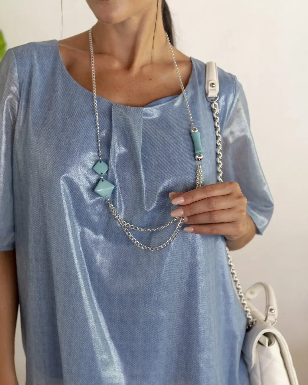 Blusa fantasia geometrica girocollo con arriccio CELESTE DORABELLA