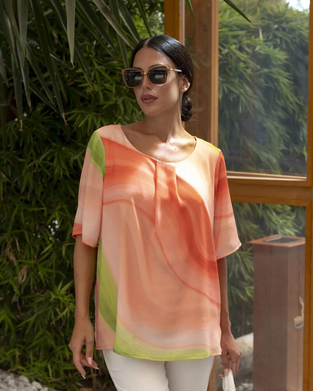 Blusa fantasia geometrica girocollo con arriccio PESCA DORABELLA