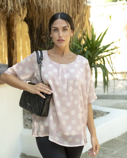 Blusa fantasia geometrica girocollo con arriccio ROSA CHIARO DORABELLA XXL