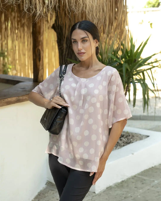 Blusa fantasia geometrica girocollo con arriccio ROSA CHIARO DORABELLA