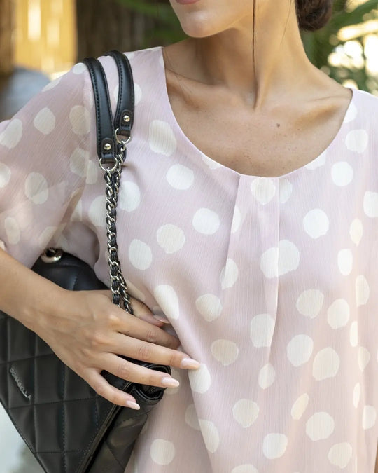 Blusa fantasia geometrica girocollo con arriccio ROSA CHIARO DORABELLA