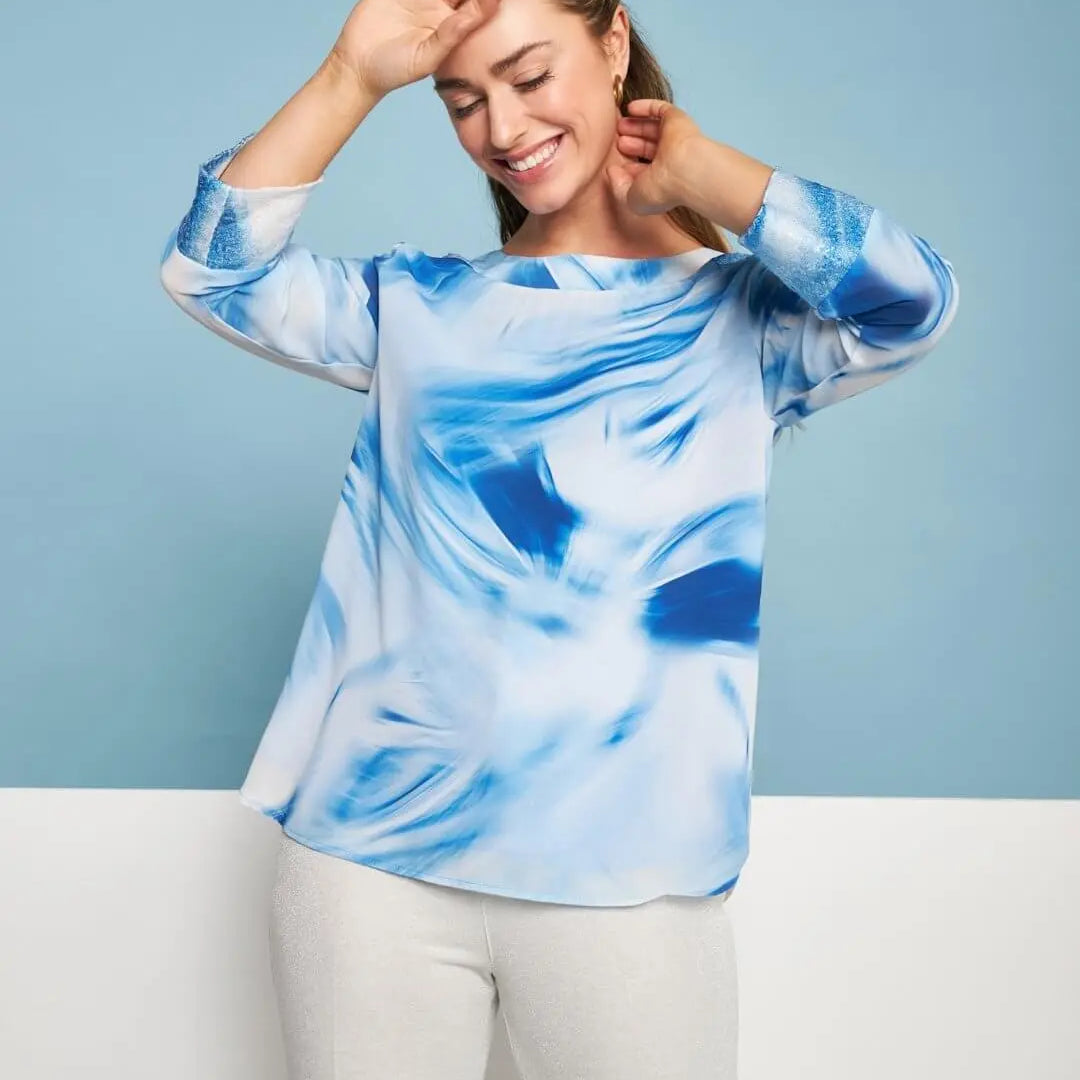 Blusa fluida in georgette con fantasia astratta sfumata e dettagli in paillettes AZZURRO DORABELLA XXL