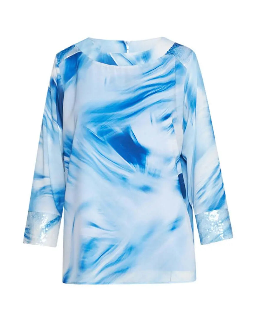 Blusa fluida in georgette con fantasia astratta sfumata e dettagli in paillettes AZZURRO DORABELLA