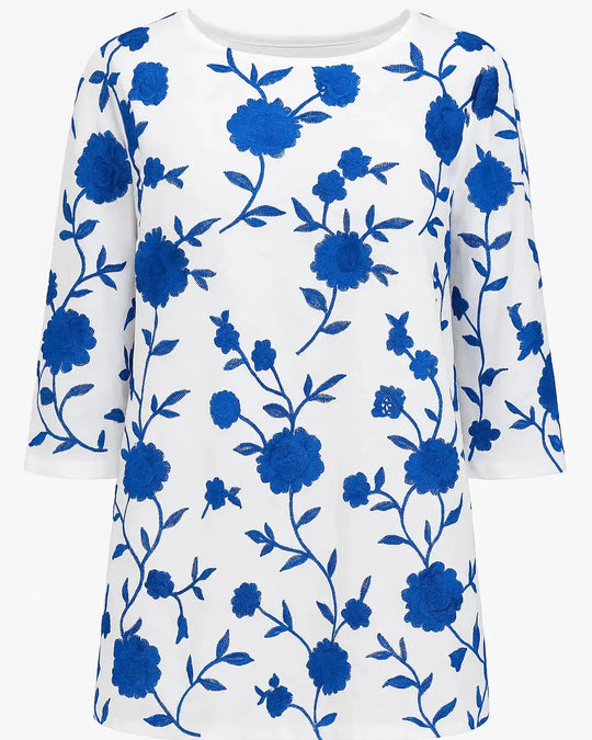 Blusa girocollo in sangallo con fiori colorati ricamati DORABELLA Blu-XXL