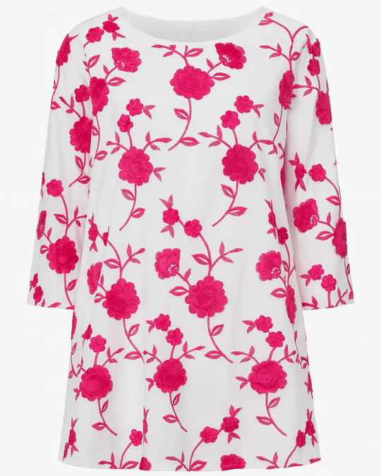 Blusa girocollo in sangallo con fiori colorati ricamati DORABELLA Magenta-XXL