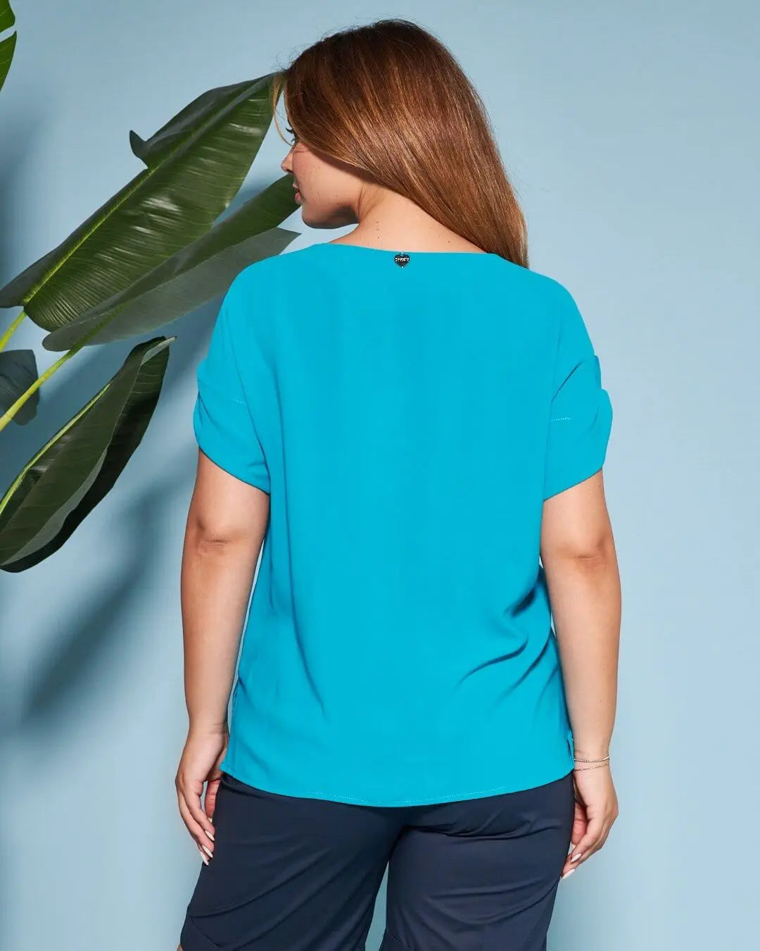 Blusa girocollo tinta unita o fantasia con maniche corte kimono e spacchi laterali AZZURRO DORABELLA