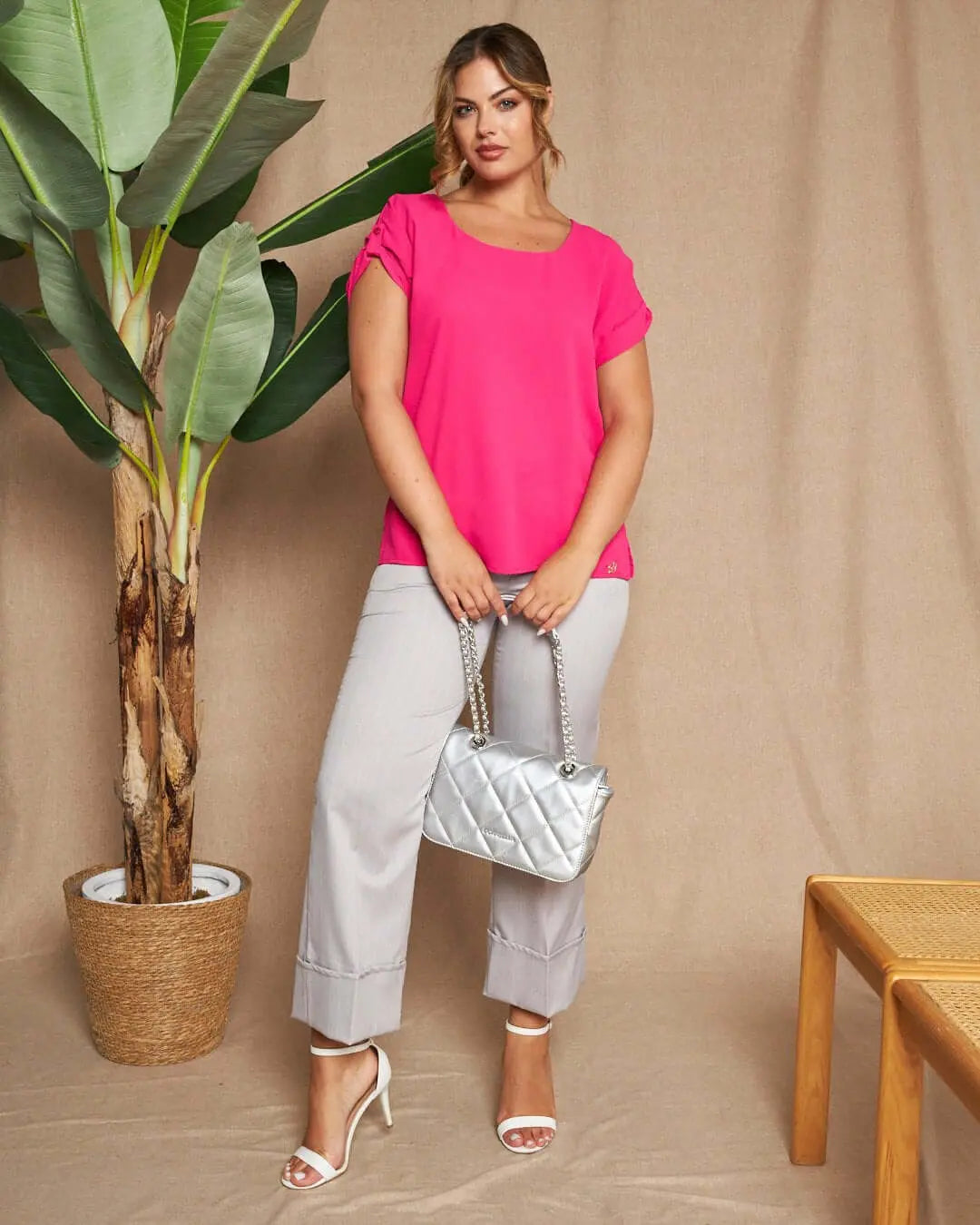 Blusa girocollo tinta unita o fantasia con maniche corte kimono e spacchi laterali FUXIA DORABELLA 54