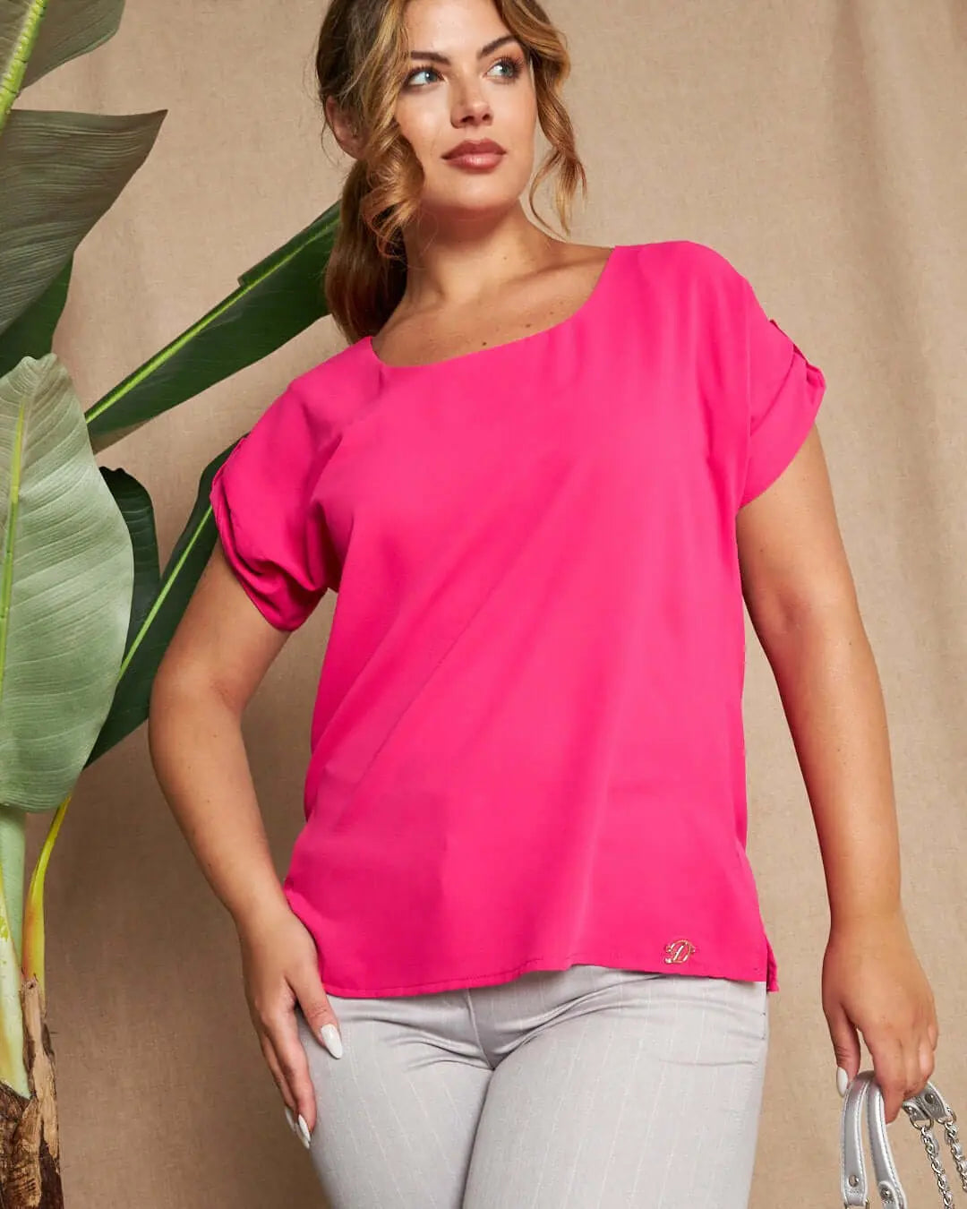 Blusa girocollo tinta unita o fantasia con maniche corte kimono e spacchi laterali FUXIA DORABELLA