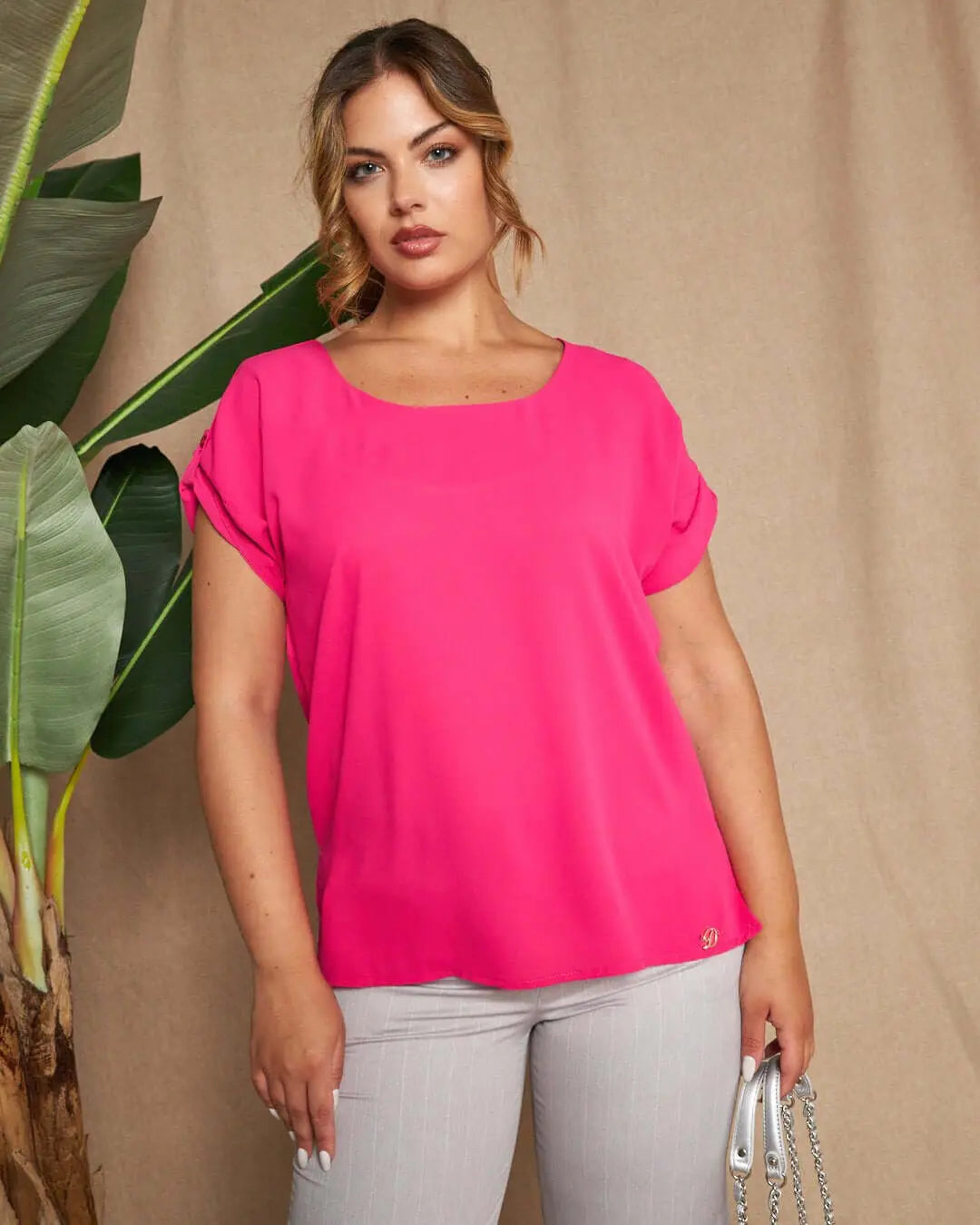 Blusa girocollo tinta unita o fantasia con maniche corte kimono e spacchi laterali FUXIA DORABELLA