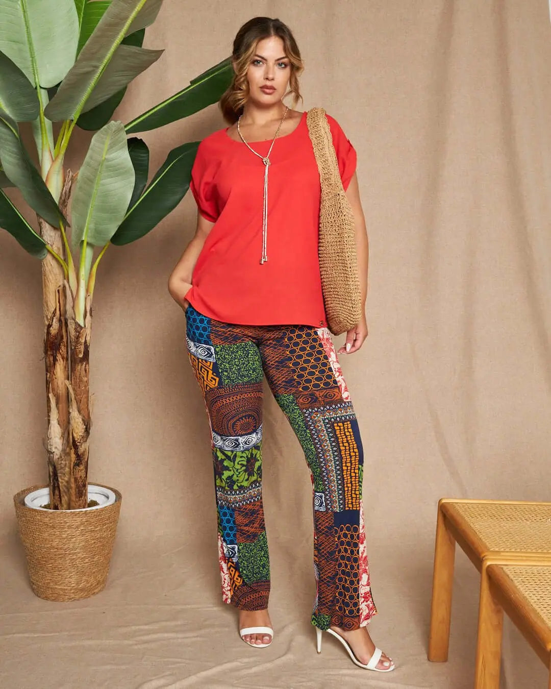 Blusa girocollo tinta unita o fantasia con maniche corte kimono e spacchi laterali ROSSO DORABELLA