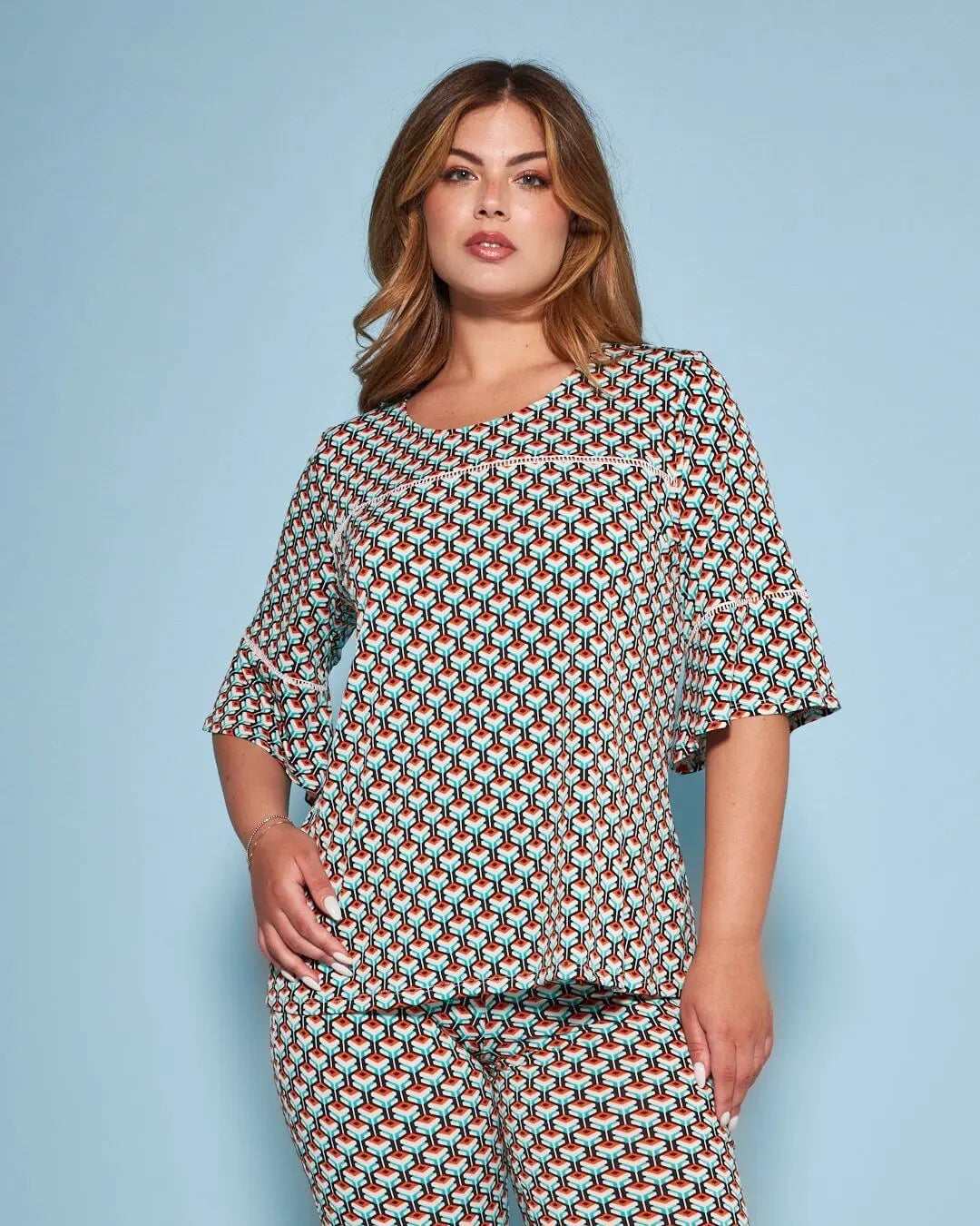 Blusa in fantasia optical con manica a campana ARANCIO-NERO DORABELLA XXL