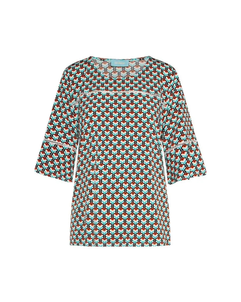 Blusa in fantasia optical con manica a campana ARANCIO-NERO DORABELLA