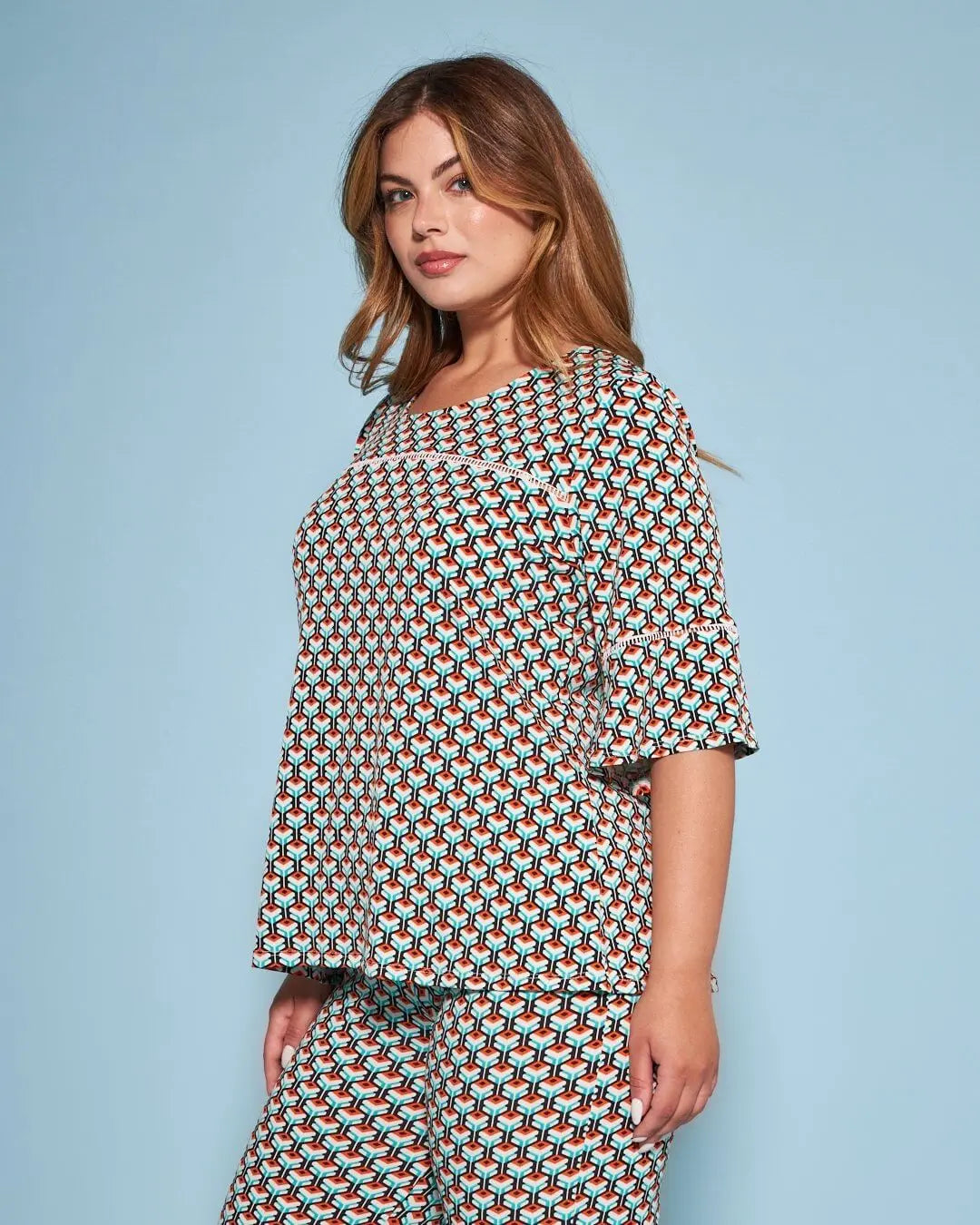 Blusa in fantasia optical con manica a campana ARANCIO-NERO DORABELLA