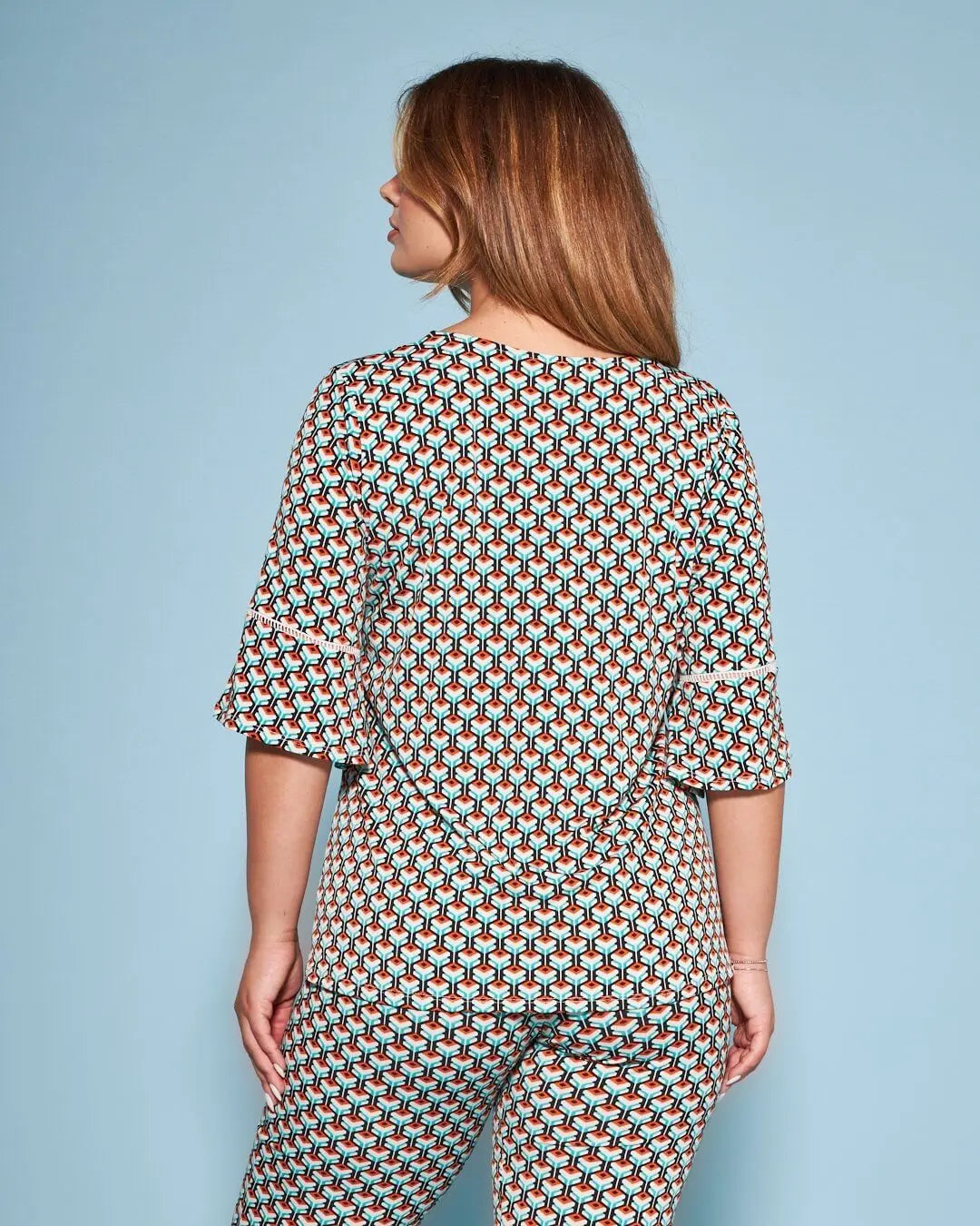 Blusa in fantasia optical con manica a campana ARANCIO-NERO DORABELLA