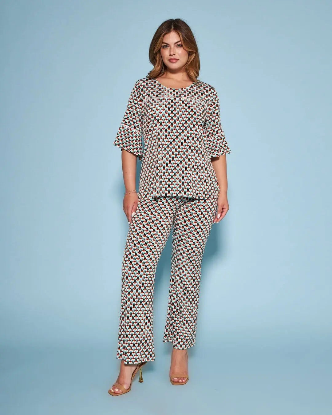 Blusa in fantasia optical con manica a campana ARANCIO-NERO DORABELLA