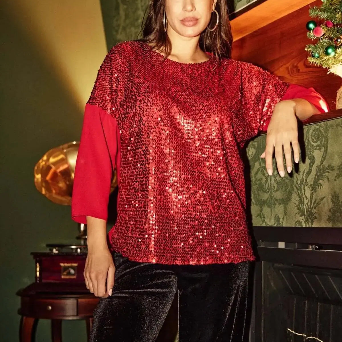 Blusa in georgette e paillettes ROSSO DORABELLA XXL