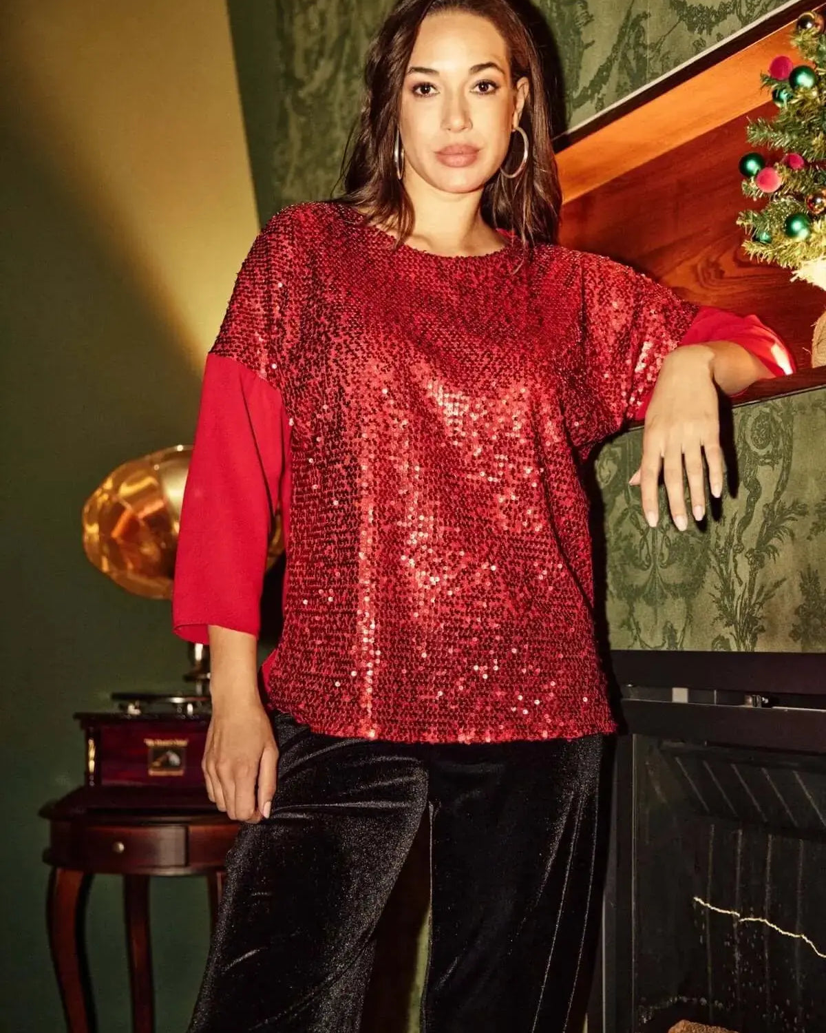 Blusa in georgette e paillettes ROSSO DORABELLA XXL