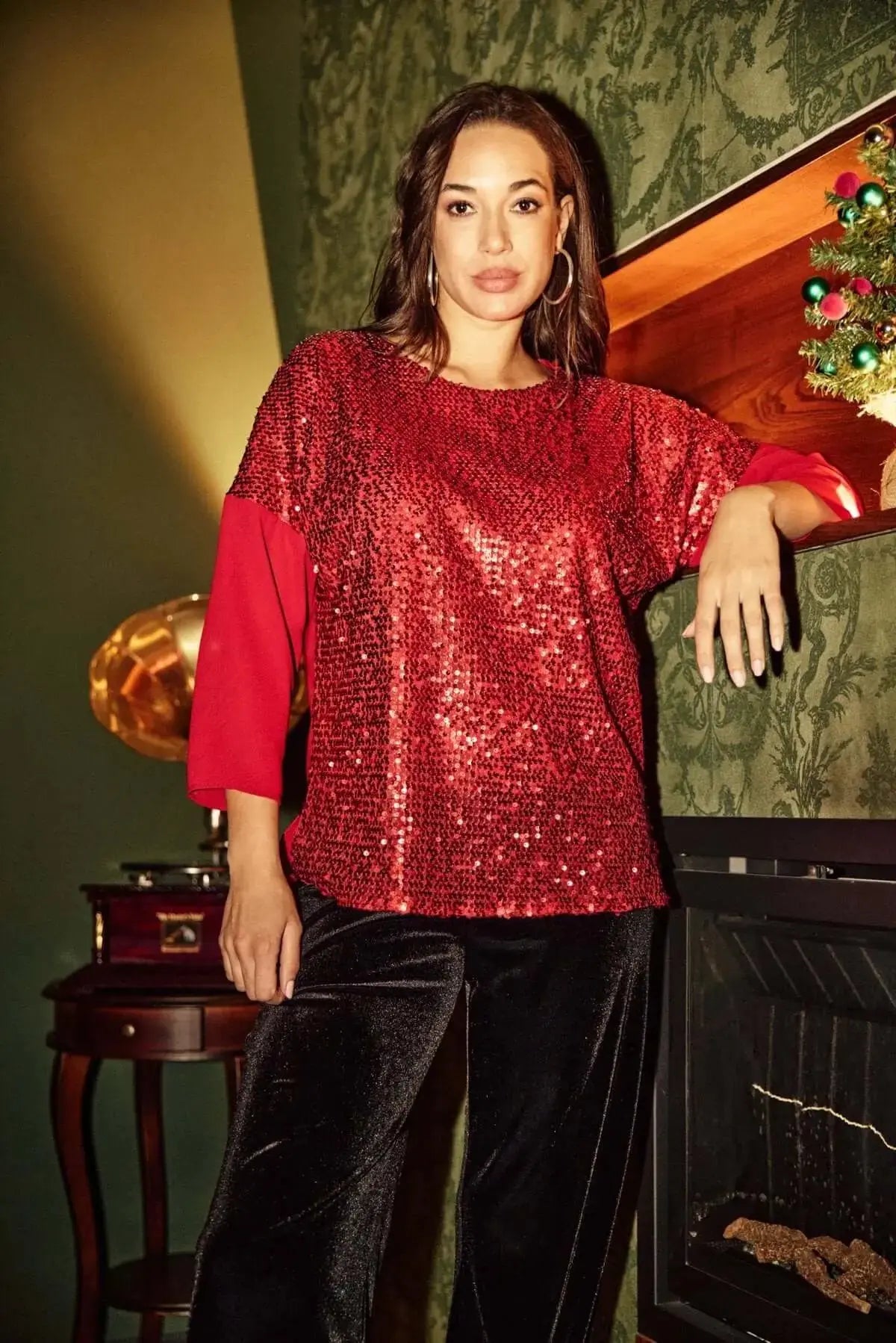 Blusa in georgette e paillettes ROSSO DORABELLA XXL