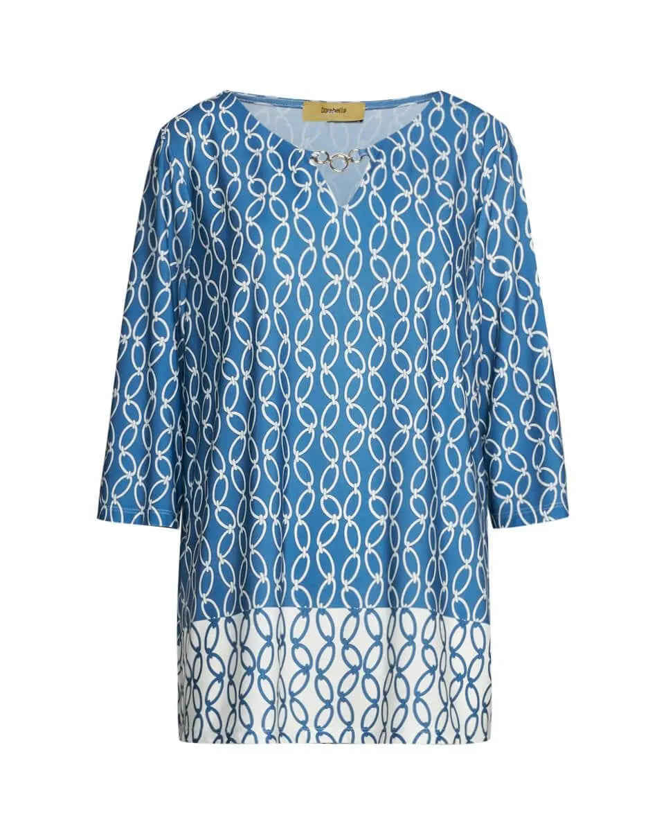Blusa in jersey elasticizzato bi-colore con fantasia catena e dettaglio gioiello DENIM DORABELLA PIU'