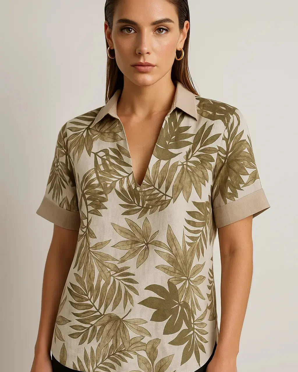 Blusa in lino stampato con inserti a tinta unita DORABELLA