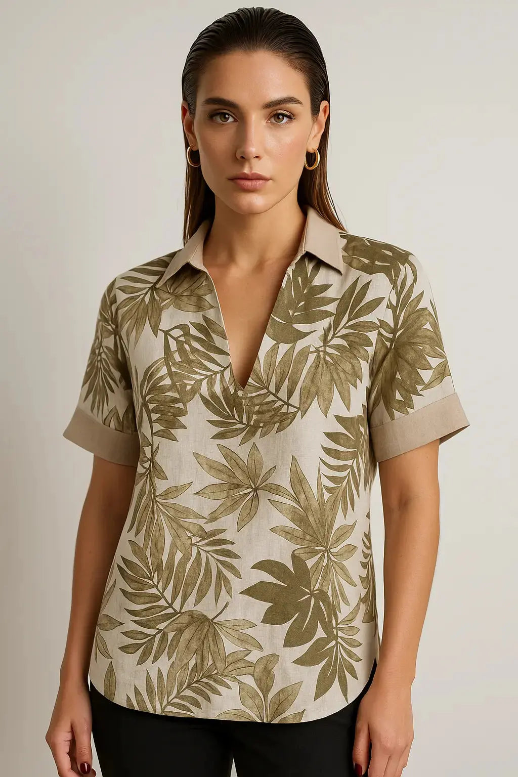 Blusa in lino stampato con inserti a tinta unita DORABELLA