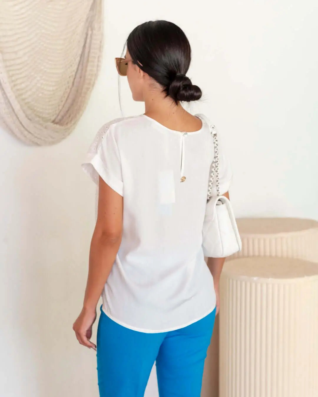Blusa in pizzo San Gallo a mezza manica e risvolto BIANCO DORABELLA