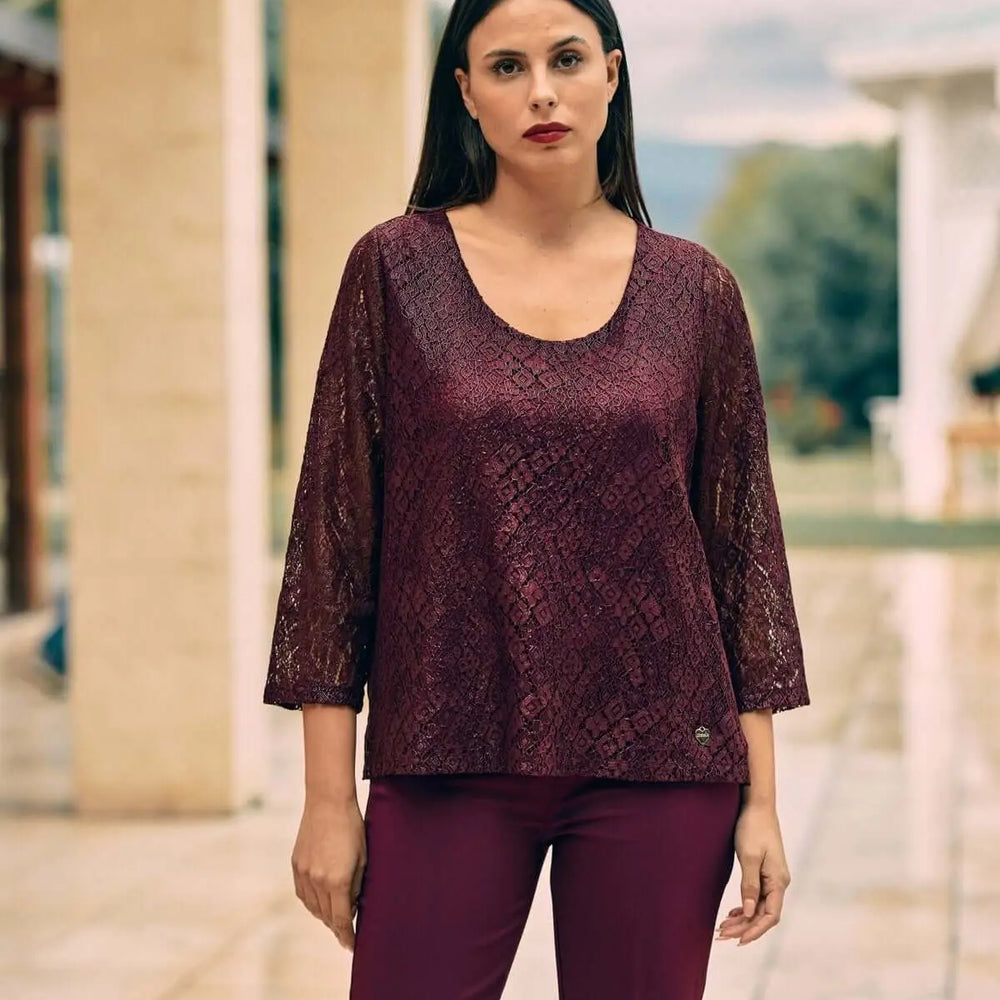 Blusa in pizzo macramè laminato BURGUNDY DORABELLA XXL