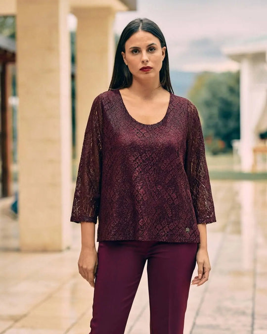 Blusa in pizzo macramè laminato BURGUNDY DORABELLA XXL