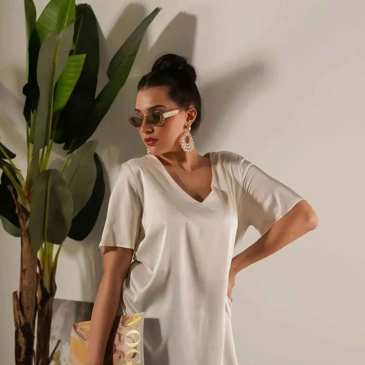 Blusa in raso in tinta unita e fantasia paisley interna PANNA DORABELLA XXL