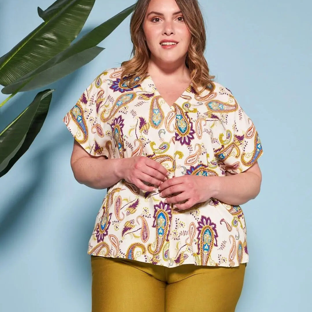 Blusa in viscosa in fantasia paisley con scollo a V PISTACCHIO DORABELLA PIU' 49