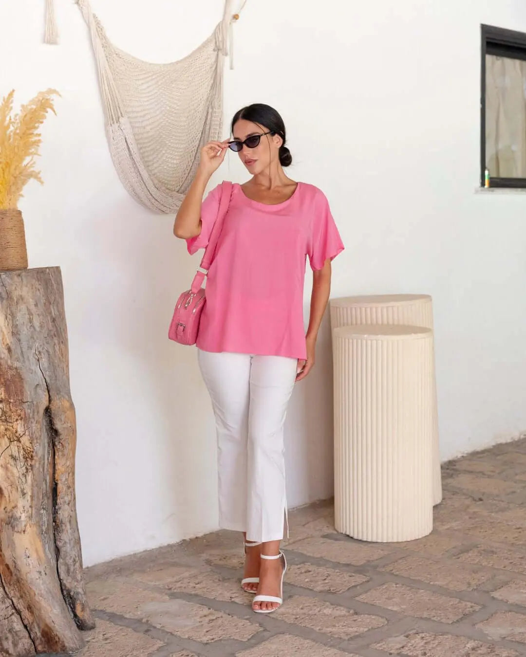 Blusa mezza manica in viscosa in tinta unita e spacchetti laterali ROSA DORABELLA