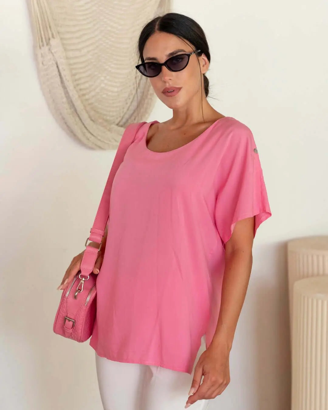 Blusa mezza manica in viscosa in tinta unita e spacchetti laterali ROSA DORABELLA