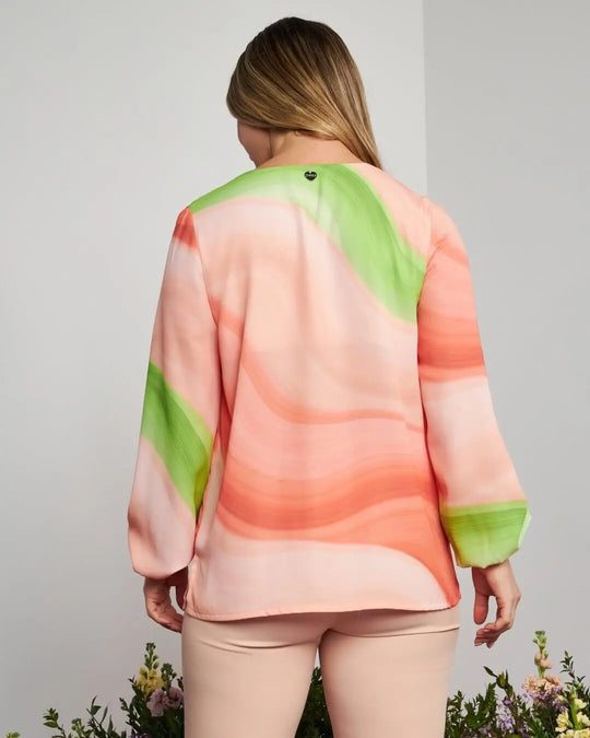 Blusa scollo a V in georgette elasticizzato con fantasia astratta sfumata CIPRIA DORABELLA