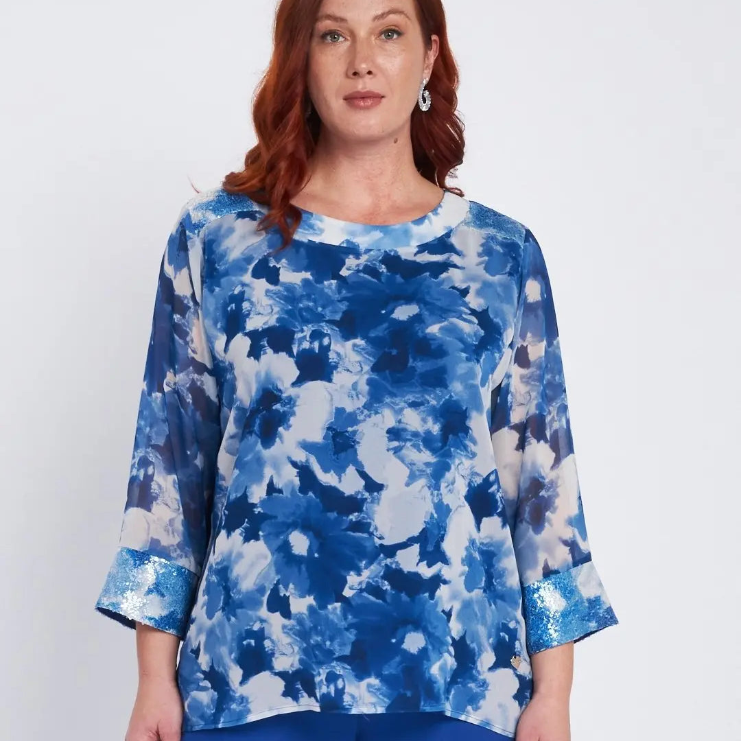 Blusa stampata con inserti in paillettes BLU CHINA DORABELLA PIU'