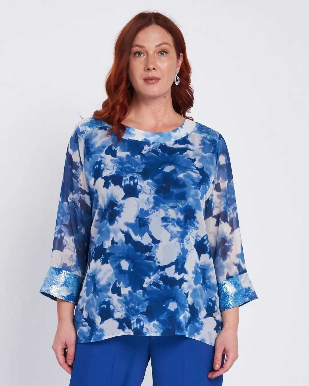 Blusa stampata con inserti in paillettes BLU CHINA DORABELLA PIU'