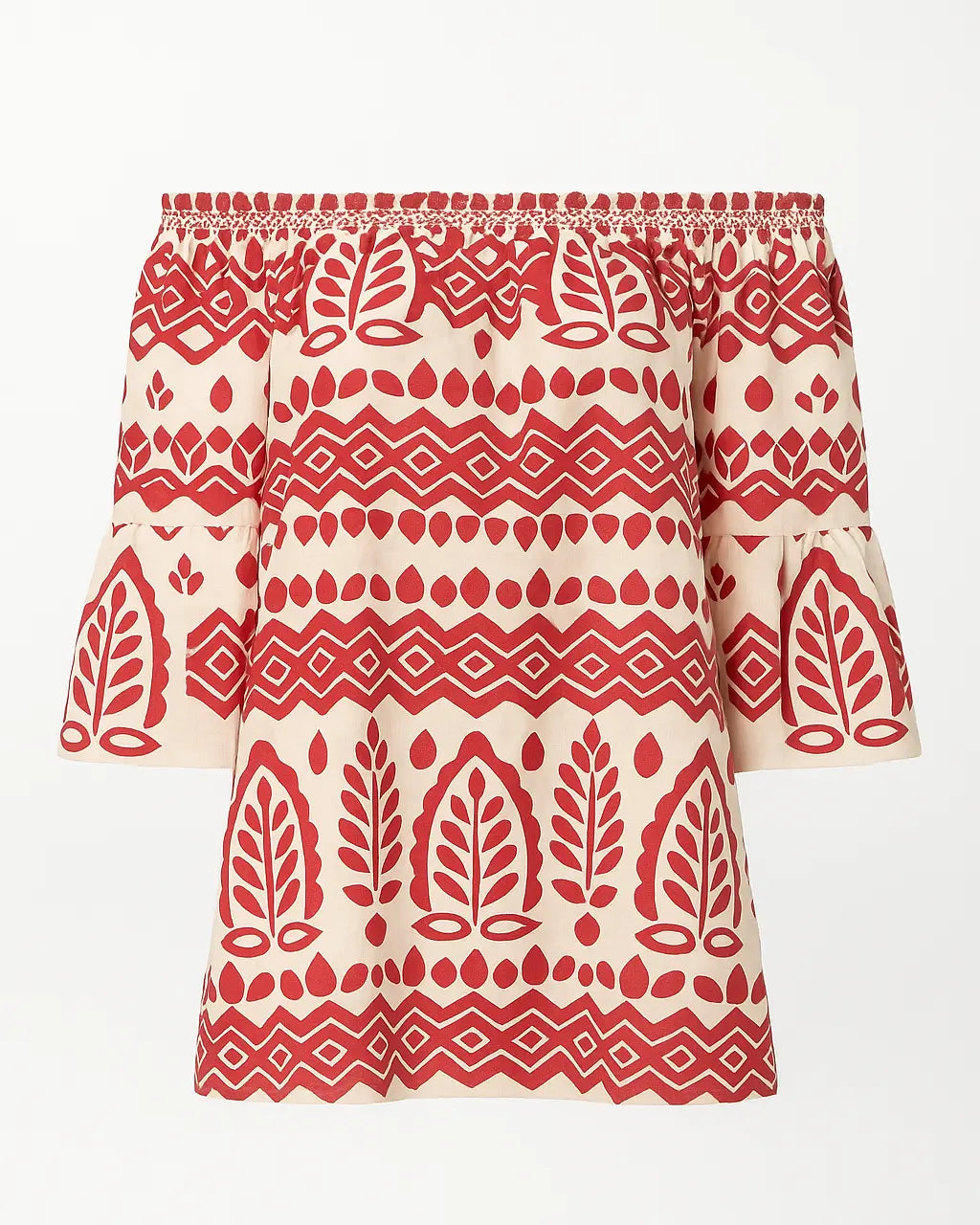 Blusa stampata con scollo omerale elasticizzato con balze DORABELLA Rosso-India-XXL