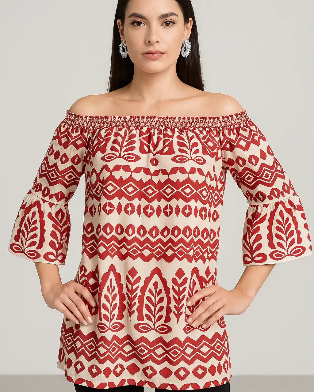 Blusa stampata con scollo omerale elasticizzato con balze DORABELLA