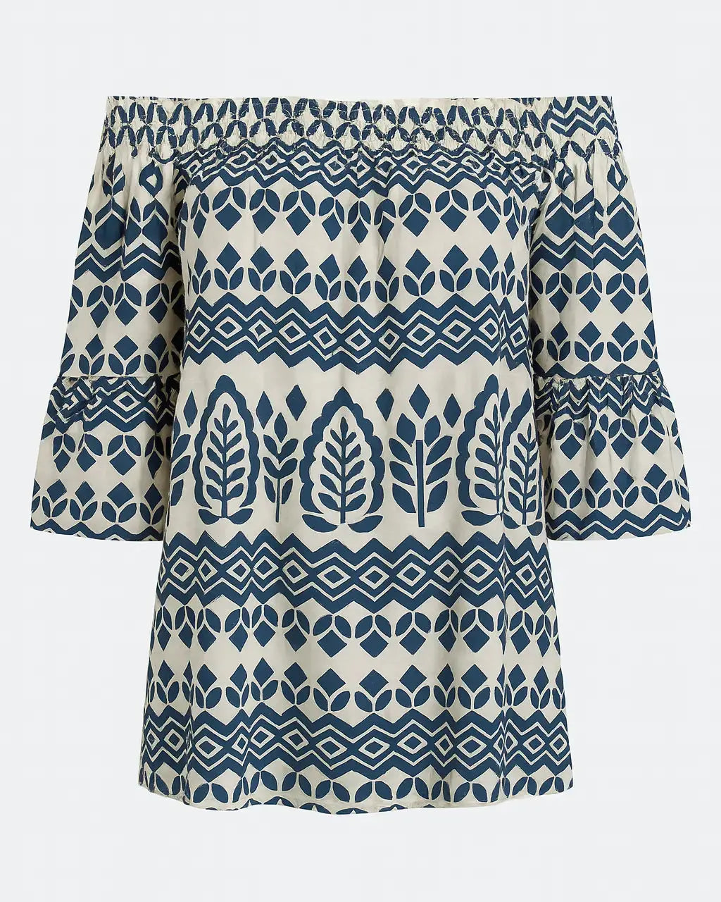 Blusa stampata con scollo omerale elasticizzato con balze DORABELLA Blu-XXL