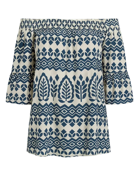 Blusa stampata con scollo omerale elasticizzato con balze DORABELLA Blu-XXL