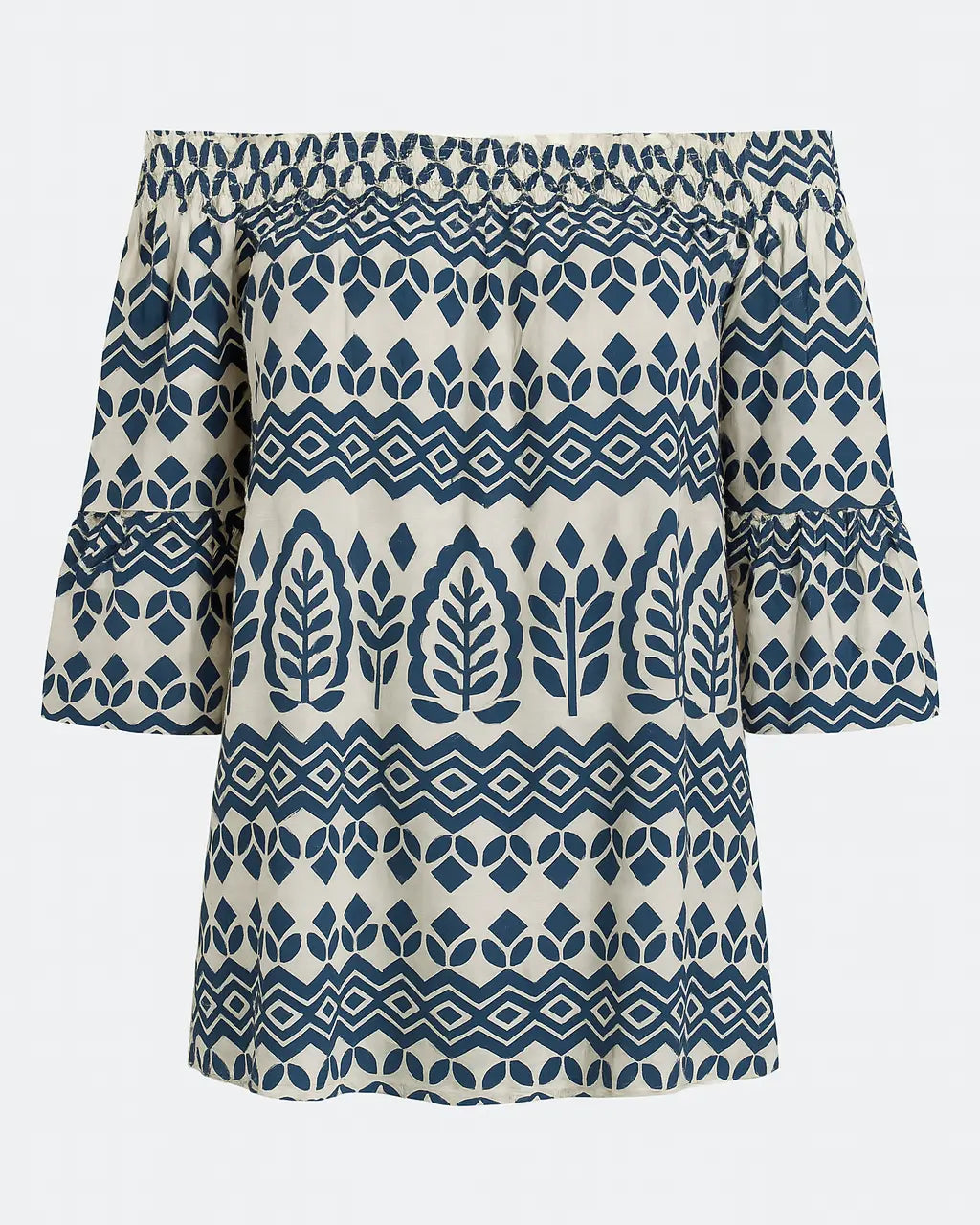 Blusa stampata con scollo omerale elasticizzato con balze DORABELLA Blu-XXL