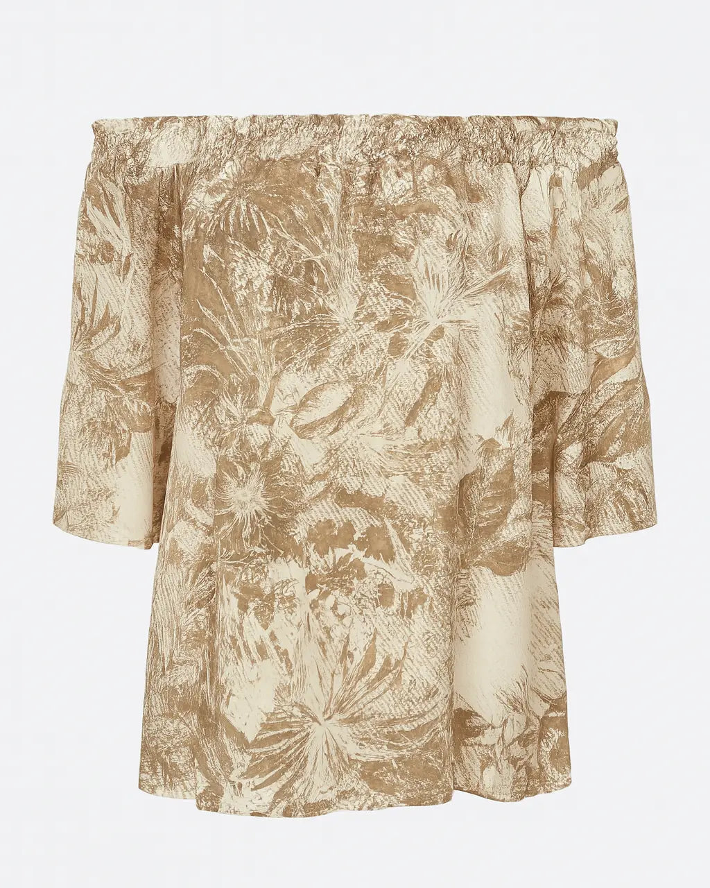 Blusa stampata con scollo omerale elasticizzato con balze DORABELLA Beige-XXL