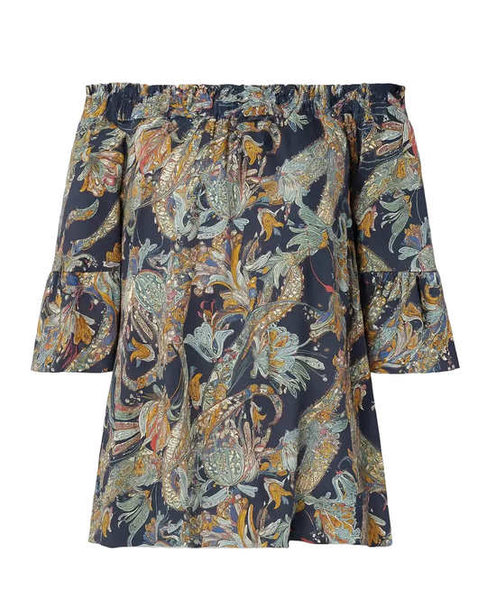 Blusa stampata con scollo omerale elasticizzato con balze DORABELLA Cielo-XXL