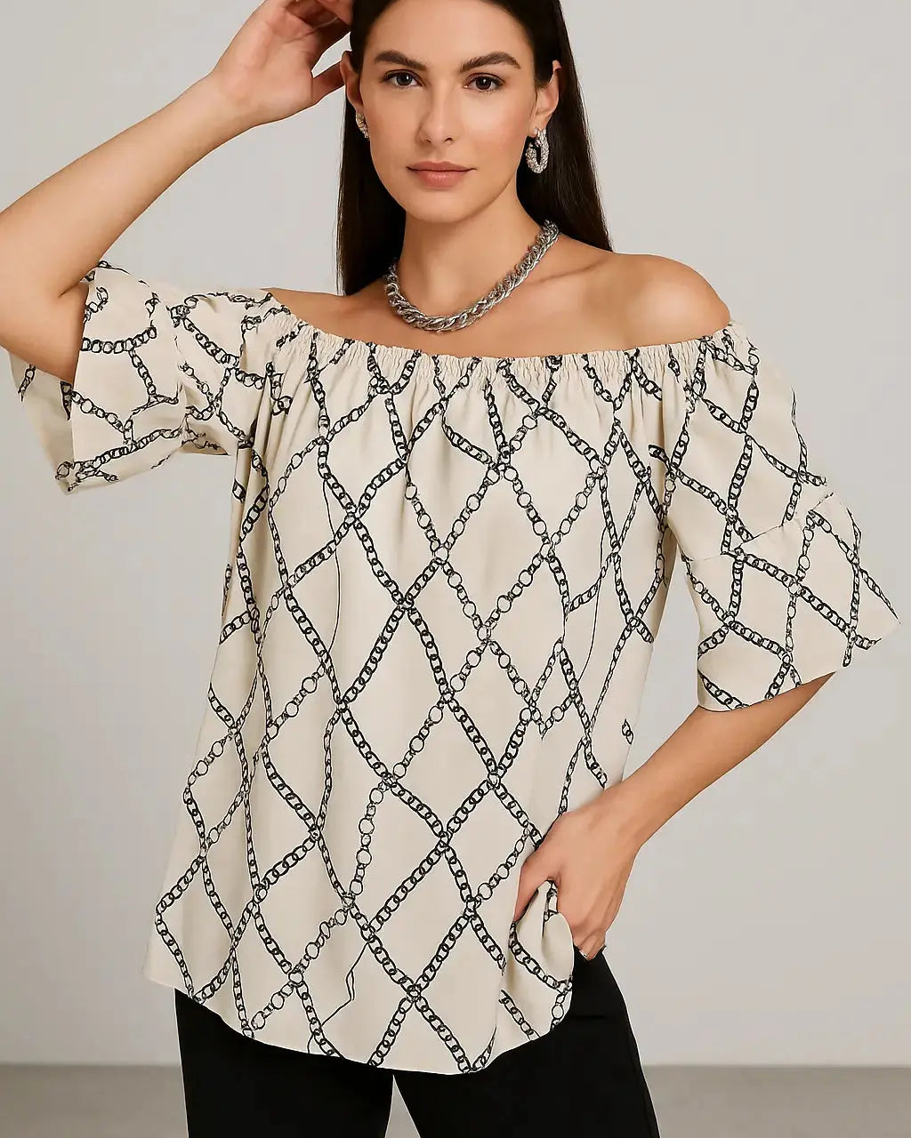 Blusa stampata con scollo omerale elasticizzato con balze DORABELLA