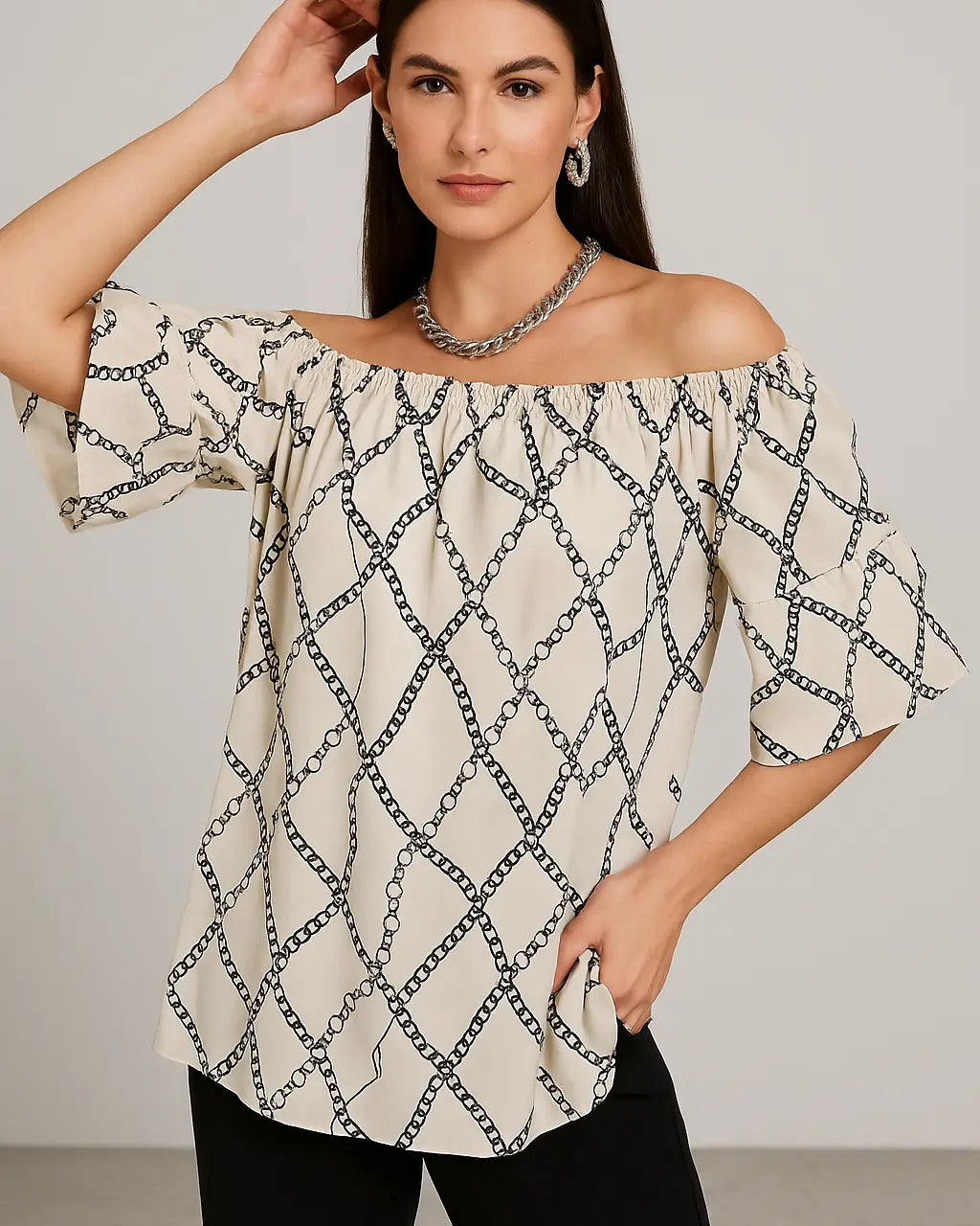 Blusa stampata con scollo omerale elasticizzato con balze DORABELLA